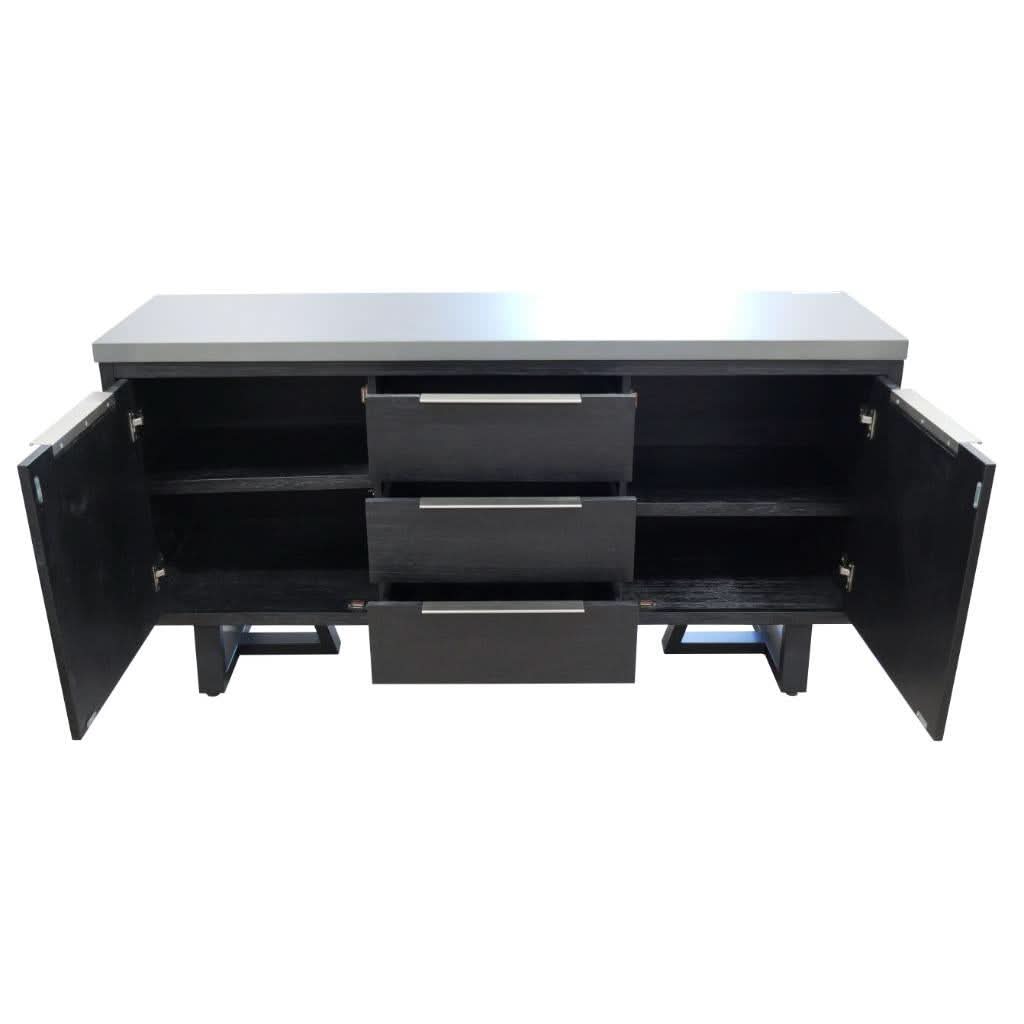 ANTHEA 2-TONE CONCRETE & ACACIA BUFFET SIDEBOARD 3 DRAWERS 2 DOORS GREY TOP BLACK LEGS - MyChocolateWood