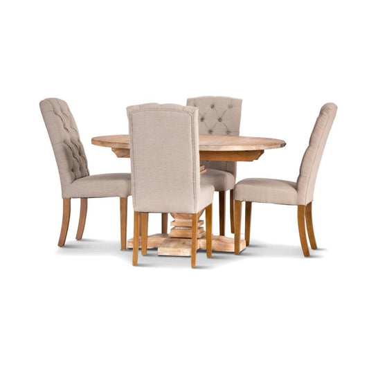 ASTI MANGO WOOD ROUND PEDESTAL DINING TABLE 135CM + 4 X ROSSI HAMPTONS DINING CHAIR WITH A LINEN FABRIC IN BEIGE- PACKAGE DEAL - MyChocolateWood