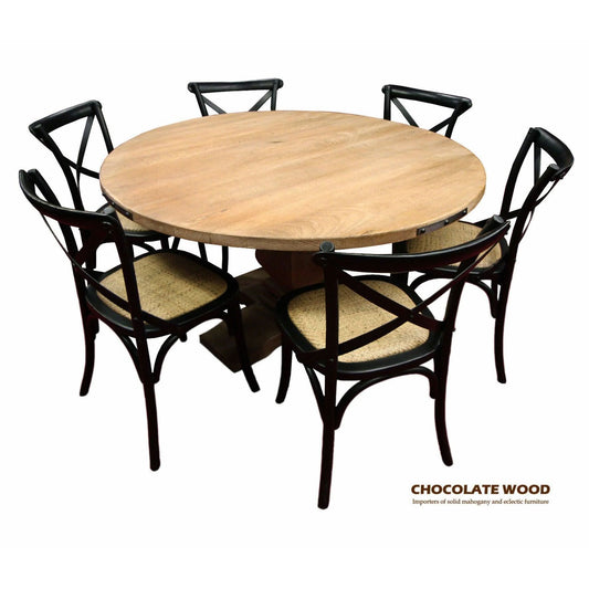 ASTI MANGO WOOD ROUND PEDESTAL DINING TABLE 135CM + 6 MELROSE CROSS BACK DINING CHAIRS IN BLACK - PACKAGE DEAL - MyChocolateWood