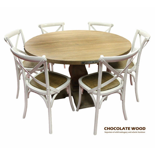 ASTI MANGO WOOD ROUND PEDESTAL DINING TABLE 135CM DIA. + 6 MELROSE CROSS BACK DINING CHAIRS IN WHITE - PACKAGE DEAL - MyChocolateWood