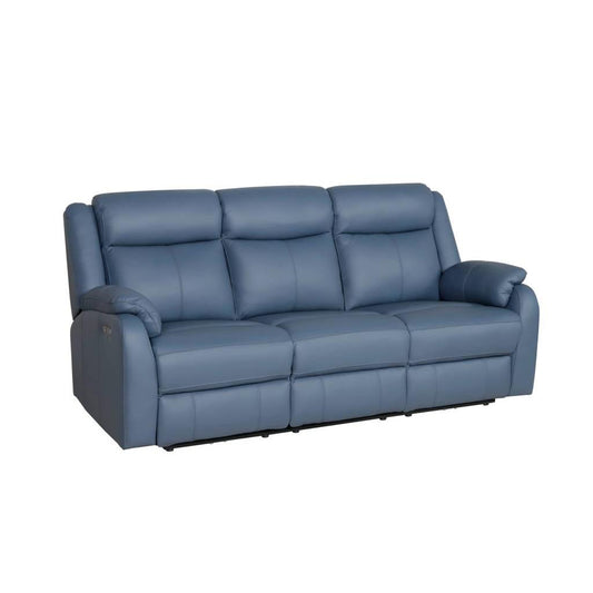 BARRON GENUINE MURANO LEATHER 3-SEATER RECLINER SOFA W/USB PORT MARINE BLUE