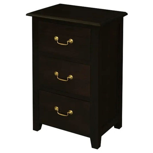 BENEDICT SOLID MAHOGANY TIMBER BEDSIDE TABLE WITH 3 DRAWERS IN CHOCOLATE - MyChocolateWood