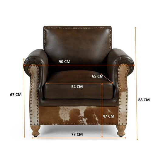 BENZI HANDMADE COW HIDE & GENUINE LEATHER ARMCHAIR EASY CHAIR LOUNGE CHAIR - MyChocolateWood