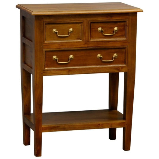 BIRKDALE 3 DRAWER SIDE TABLE/WITH SHELF IN SOLID MAHOGANY- LIGHT PECAN - MyChocolateWood