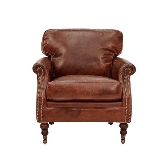 BUCKINGHAM AGED LEATHER ARMCHAIR WITH BRASS STUD DETAILING - MyChocolateWood