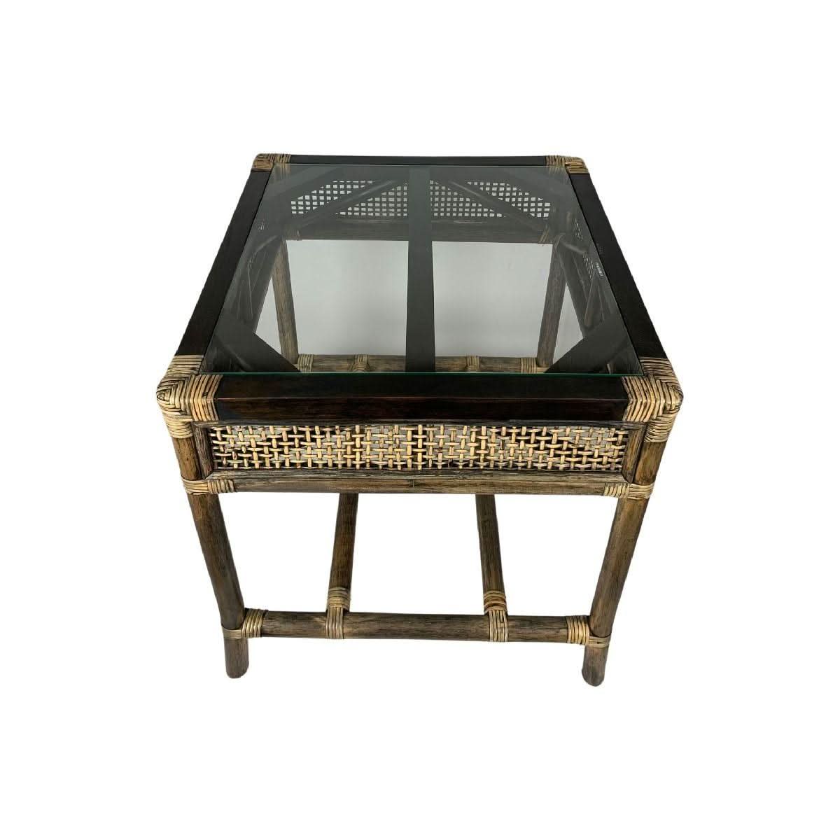 CAMINO RATTAN & MANGO LAMP TABLE/SIDE TABLE BLACK SHADOW WITH GLASS TOP - MyChocolateWood