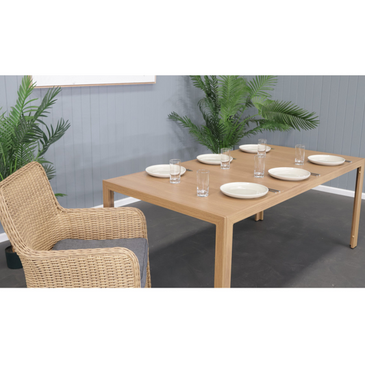 CAPELL CHARCOAL 7-PIECE OUTDOOR DINING SUITE TEAK LOOK WICKER ON ALUMINIUM FRAME/CHARCOAL CUSHIONS