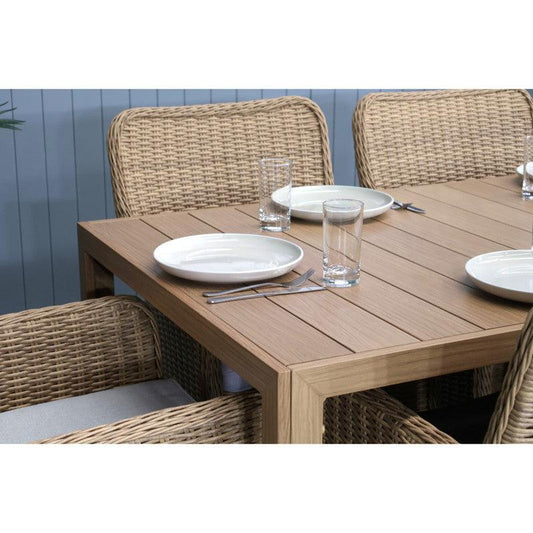 CAPELL WHITE 7-PIECE OUTDOOR DINING SUITE WICKER ON ALUMINIUM FRAME TEAK LOOK/NATURAL CUSHIONS