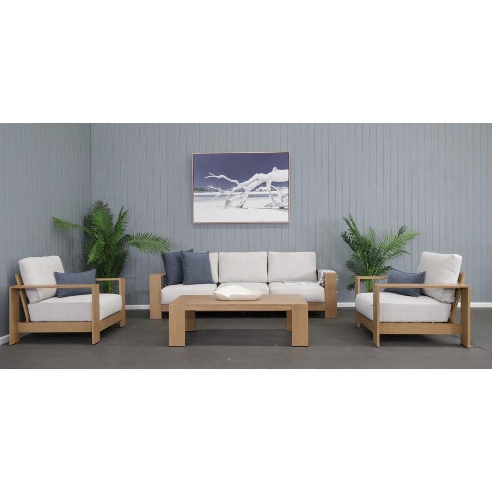 HAGEN 4-PIECE OUTDOOR LOUNGE SETTING WICKER ON ALUMINIUM FRAME TEAK LOOK/NATURAL CUSHIONS