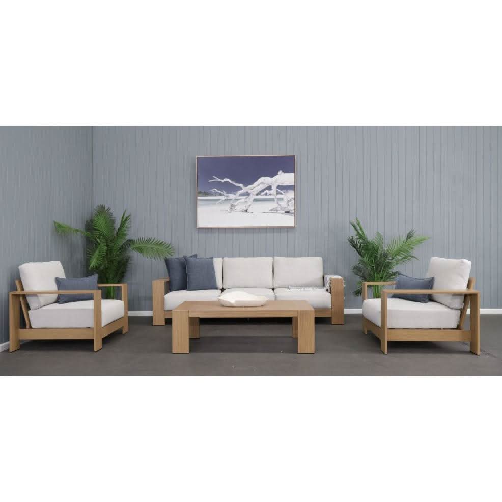 CAPELL 4-PIECE OUTDOOR LOUNGE SETTING WICKER ON ALUMINIUM FRAME TEAK LOOK/NATURAL CUSHIONS - MyChocolateWood
