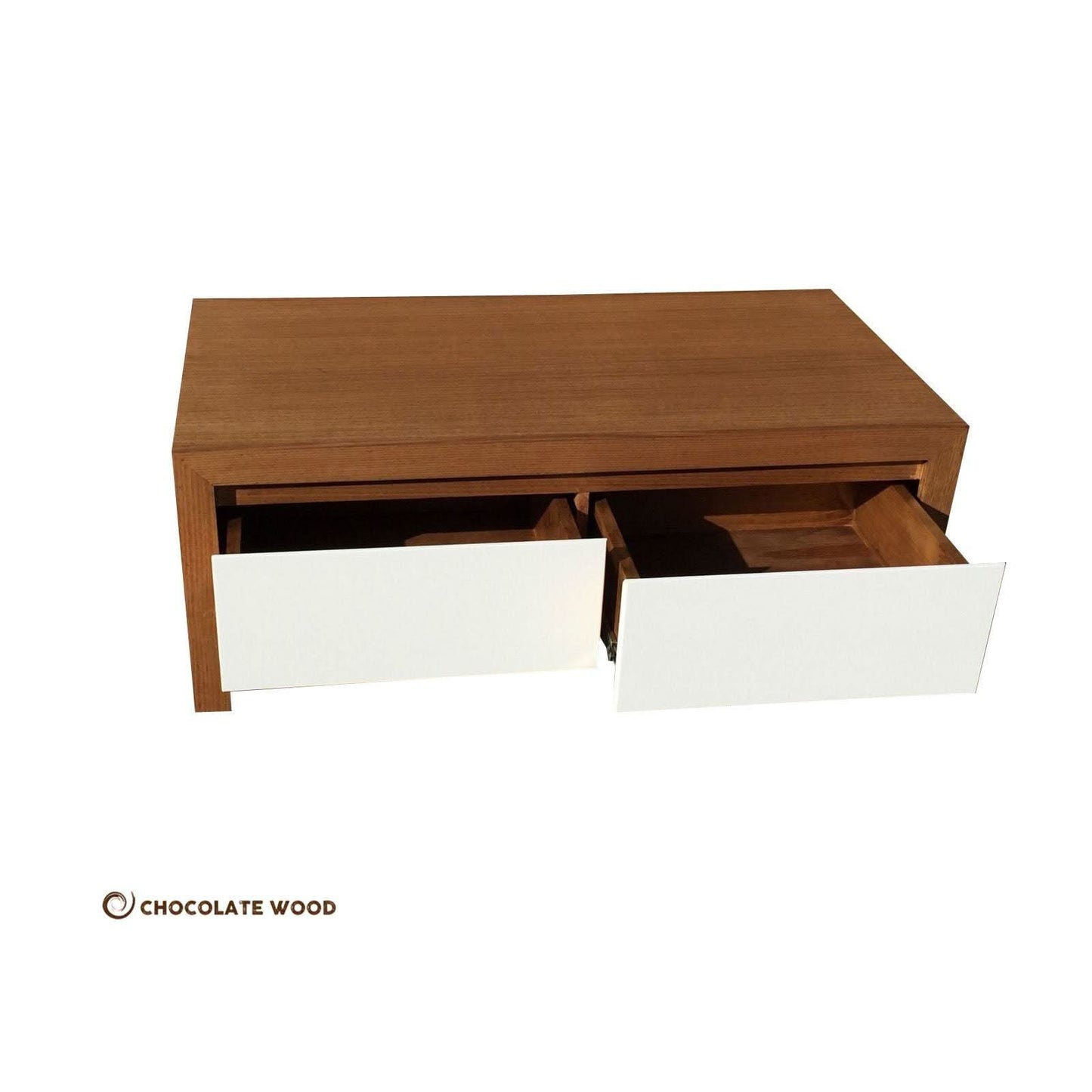 CARTER MADE TO ORDER 2 DRAWER TASSIE OAK COFFEE TABLE IN CLEAR LACQUER - MyChocolateWood