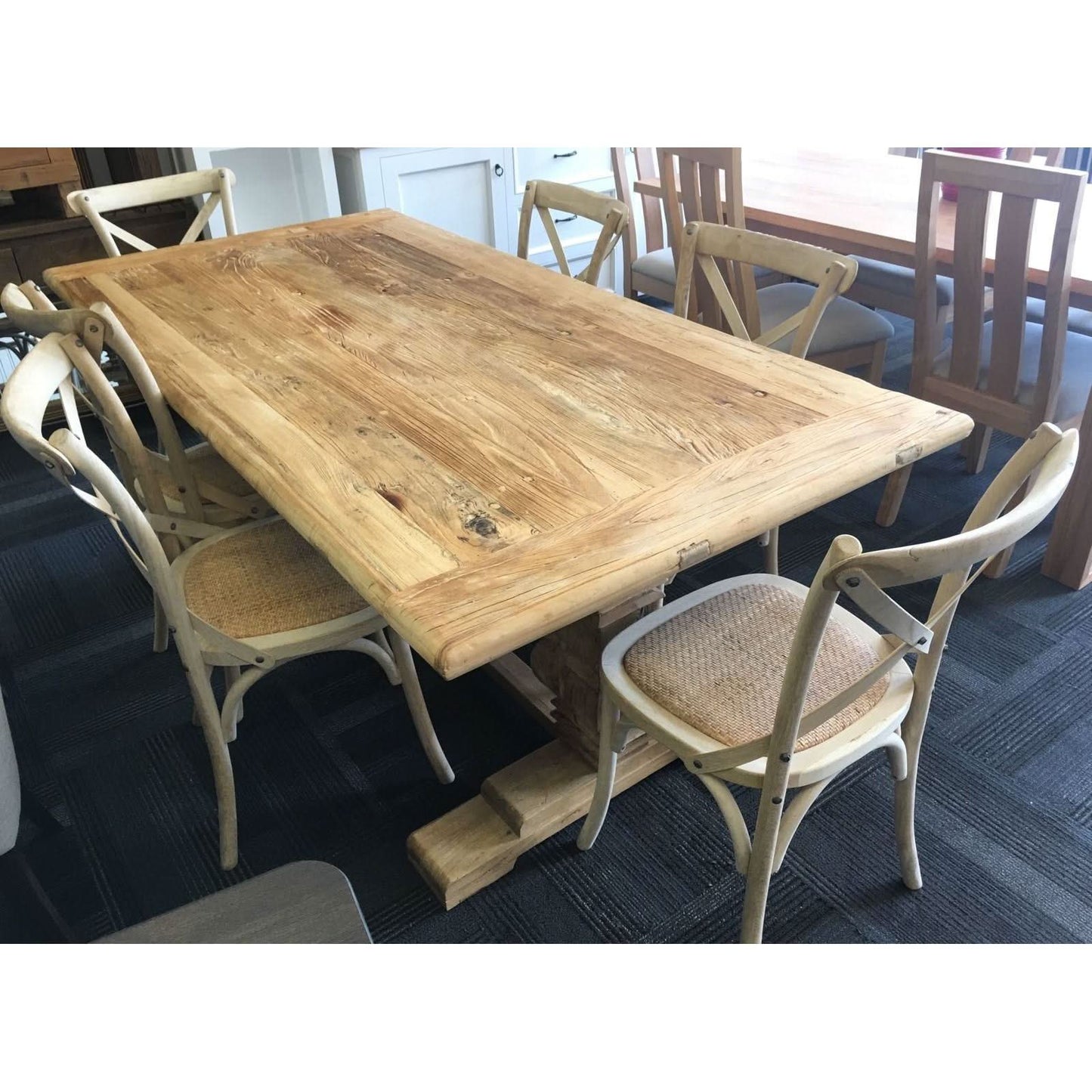 CLIFTON RUSTIC RECYCLED ELM DINING TABLE HAMPTONS STYLE 250CM - NATURAL DRIFTWOOD TOP/WHITE PEDESTAL - MyChocolateWood