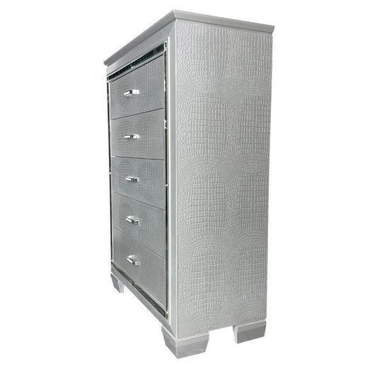 ELARA RUBBERWOOD 5-DRAWER TALLBOY CHEST OF 5 DRAWERS SILVER