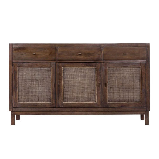 ELDRIDGE SOLID MINDI WOOD 3-DOOR 3 DRAWER SIDEBOARD/BUFFET IN HONEY BROWN 140CM - MyChocolateWood