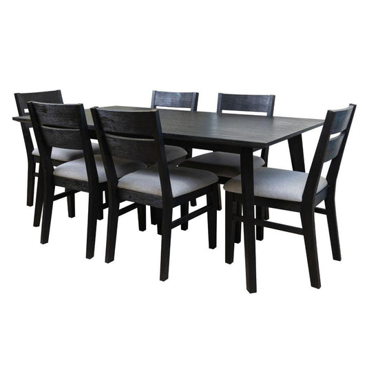 ELIJAH BRUSHED BLACK ACACIA TIMBER 7-PIECE DINING SET 1 TABLE 180CM + 6 DINING CHAIRS - MyChocolateWood