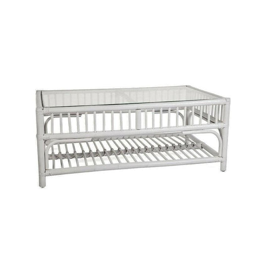 EURO SOLID WHITE RATTAN COFFEE TABLE WITH GLASS TOP - MyChocolateWood