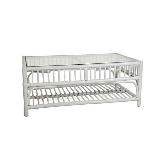 EURO SOLID WHITE RATTAN COFFEE TABLE WITH GLASS TOP - MyChocolateWood
