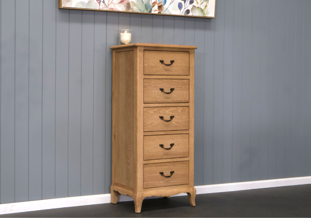 FAIRFAX SOLID OAK 5-DRAWER SLIMLINE LINGERIE DRAWER/ 5 DRAWER CHEST OF DRAWERS - MyChocolateWood