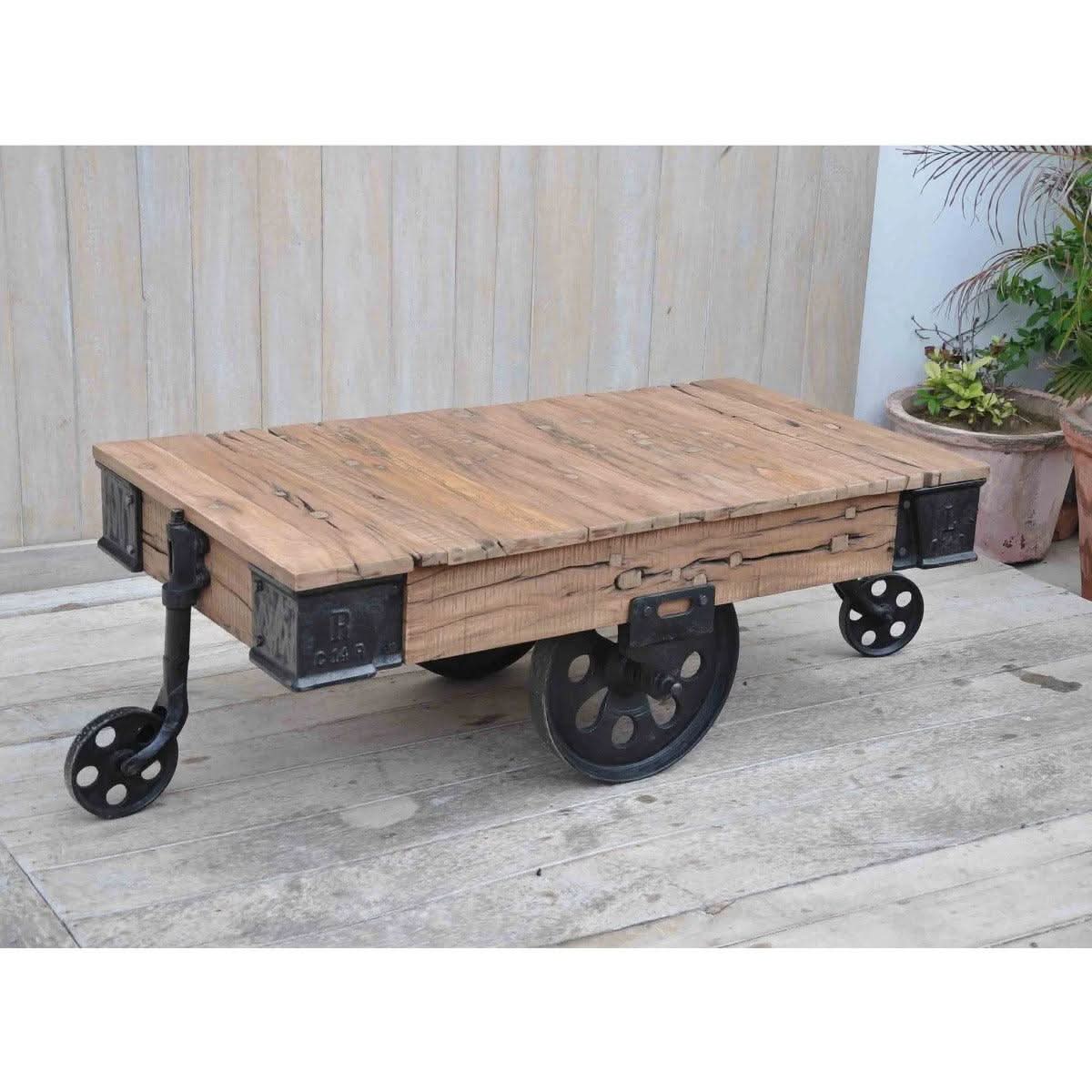FARINGTON OLD RECYCLED RAILWAY SLEEPER TIMBER & METAL INDUSTRIAL CART COFFEE TABLE 120CM - MyChocolateWood