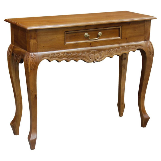 GABRIELLE QUEEN ANN CARVED SOLID MAHOGANY CONSOLE TABLE/HALL TABLE 1 DRAWER IN LIGHT PECAN 90CM - MyChocolateWood