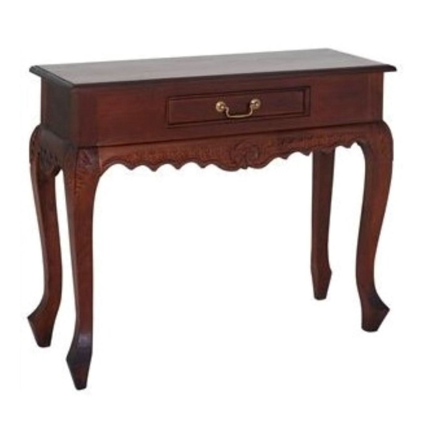 GABRIELLE QUEEN ANN SOLID MAHOGANY CARVED CONSOLE TABLE/HALL TABLE 1 DRAWER IN MAHOGANY 90CM - MyChocolateWood