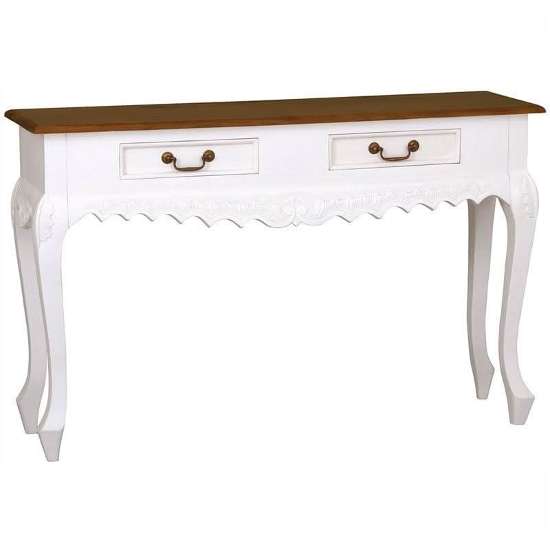 GABRIELLE QUEEN ANN SOLID MAHOGANY CARVED CONSOLE TABLE/ HALL TABLE 2 DRAWERS 120CM WHITE/CARA\MEL - MyChocolateWood