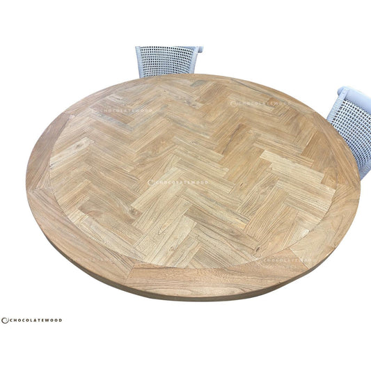GIBRALTAR HAMPTON STYLE ROUND PARQUETRY DINING TABLE WITH LIGHT WHITE DISTRESSED LEGS IN 1400MM DIAMETER - MyChocolateWood