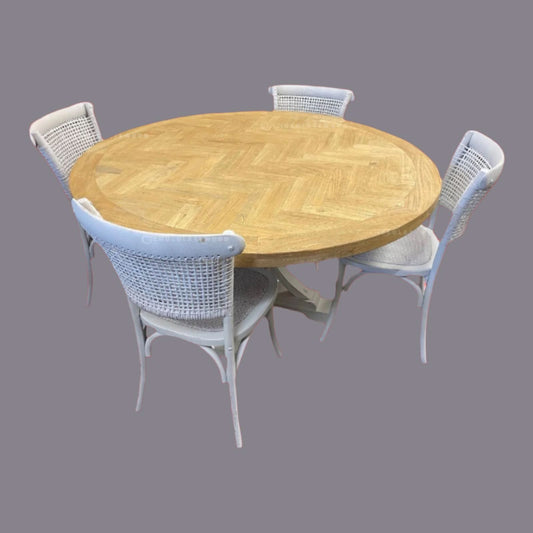 GIBRALTAR ROUND DINING TABLE IN 120CM + 4 MARSEILLE WHITE DINING CHAIRS - MyChocolateWood
