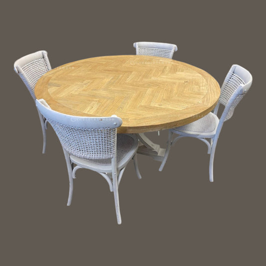 GIBRALTAR ROUND DINING TABLE IN 140CM + 4 MARSEILLE WHITE DINING CHAIRS - MyChocolateWood