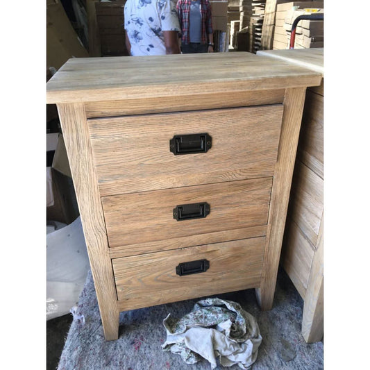 HAMPTON GREYWASHED OAK BEDSIDE TABLE 3 DRAWER 50CM - MyChocolateWood