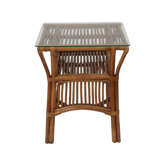 HENDERSON GLASS TOP RATTAN SIDE TABLE IN TOBACCO - MyChocolateWood