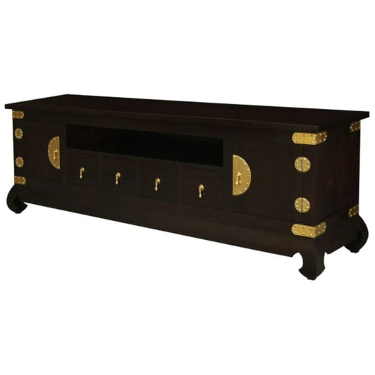HIROKO SOLID MAHOGANY CHINESE STYLE TV UNIT 2 DOORS & 4 DRAWERS IN CHOCOLATE 190 CM - MyChocolateWood