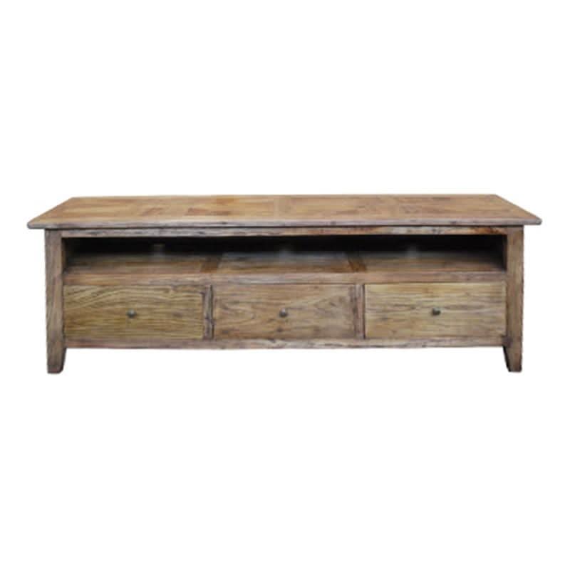LENNON 3 DRAWERS RUSTIC PROVINCIAL RECYCLED ELM PARQUETRY TV/ENTERTAINMENT UNIT 180CM - MyChocolateWood