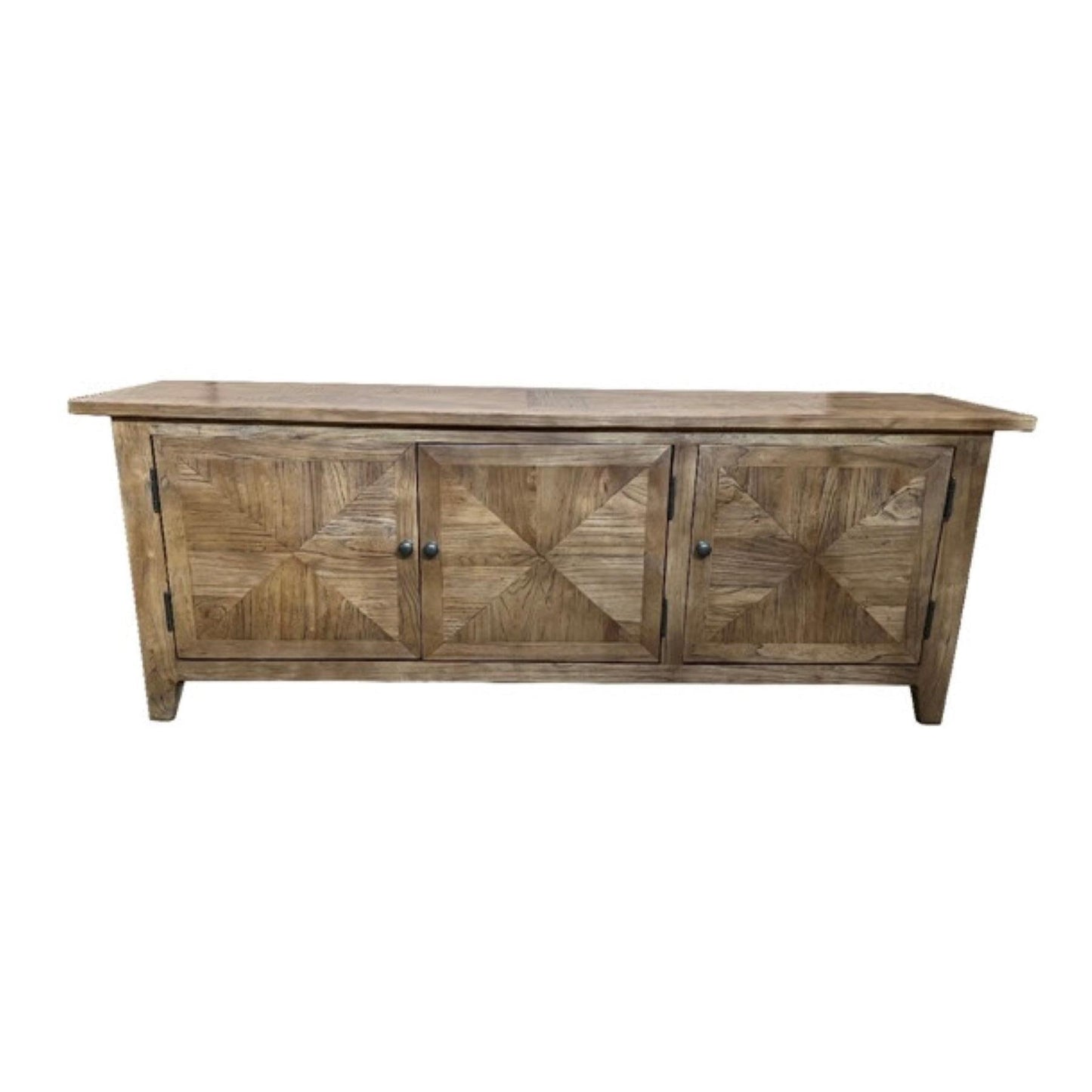 LENNON RUSTIC PROVINCIAL RECYCLED ELM TV UNIT PARQUETRY PATTERN 3 DOORS - MyChocolateWood