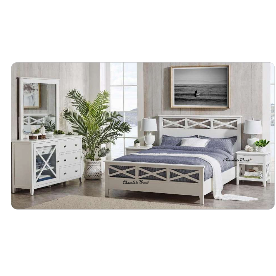 LUGANO HAMPTONS STYLE ACACIA 4 PIECE KING BEDROOM SUITE: 1 KING BED 1 DRESSER MIRROR 2 BEDSIDE TABLES - MyChocolateWood