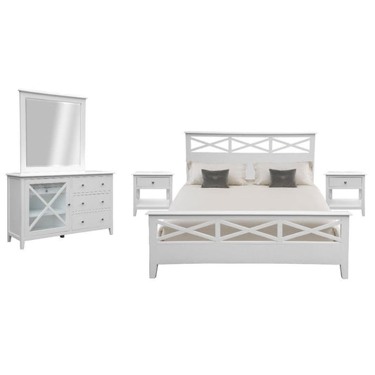 LUGANO HAMPTONS STYLE ACACIA 4 PIECE KING BEDROOM SUITE: 1 KING BED 1 DRESSER MIRROR 2 BEDSIDE TABLES