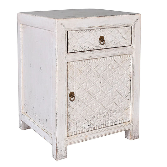 MAYLEEN PAIR OF RECLAIMED TIMBER BEDSIDE TABLES 1 DRAWER 1 DOOR WHITE - MyChocolateWood