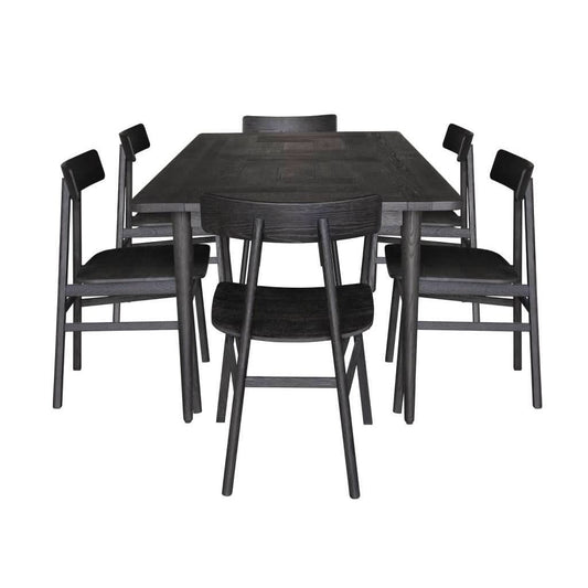 MEDRANO OAK 7 PIECE DINING SET SANDBLASTED BLACK 180CM DINING TABLE + 6 MEDRANO TIMBER SEAT DINING CHAIRS - MyChocolateWood