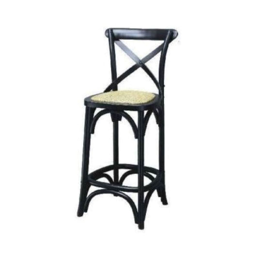 MELROSE CROSS BACK BAR STOOL WITH RATTAN SEAT IN BLACK - 65CM SEAT HEIGHT - MyChocolateWood