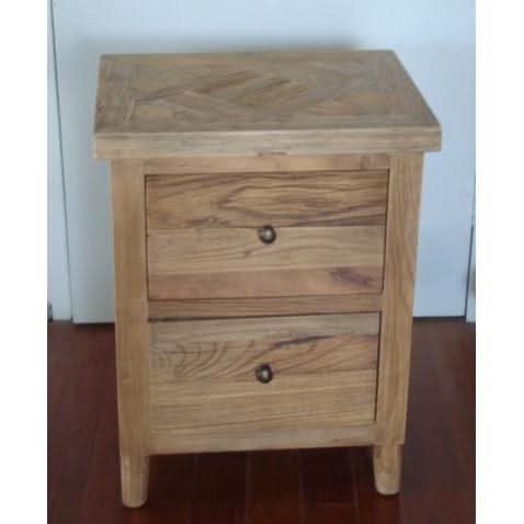 MORO RUSTIC RECYCLED ELM 2 DRAWER BEDSIDE TABLE PARQUETRY TOP 50CM - MyChocolateWood