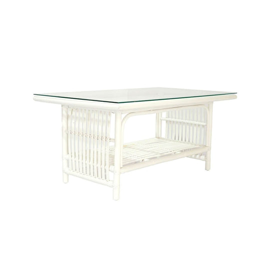 NAPOLI HAMPTONS STYLE RATTAN COFFEE TABLE WITH GLASS TOP IN SOLID WHITE - MyChocolateWood