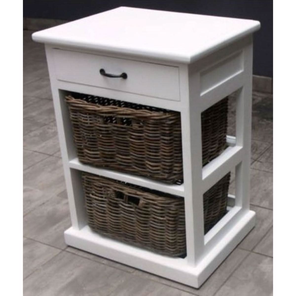 NICE SOLID MAHOGANY BEDSIDE TABLE WITH 2 WICKER BASKETS & 1 TIMBER DRAWER - MyChocolateWood