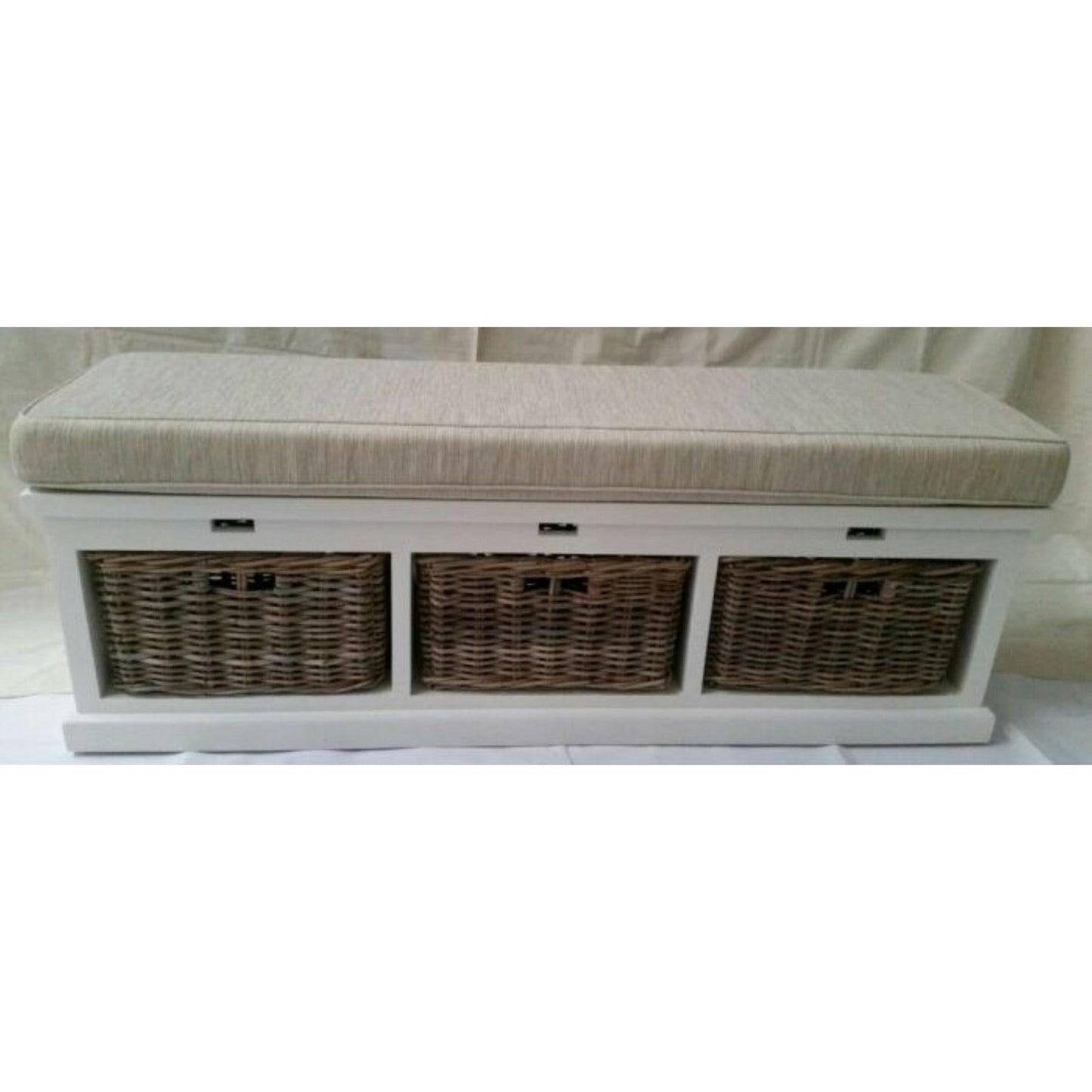 NICE SOLID MAHOGANY BENCH WITH 3 WICKER BASKETS & CUSHION - MyChocolateWood