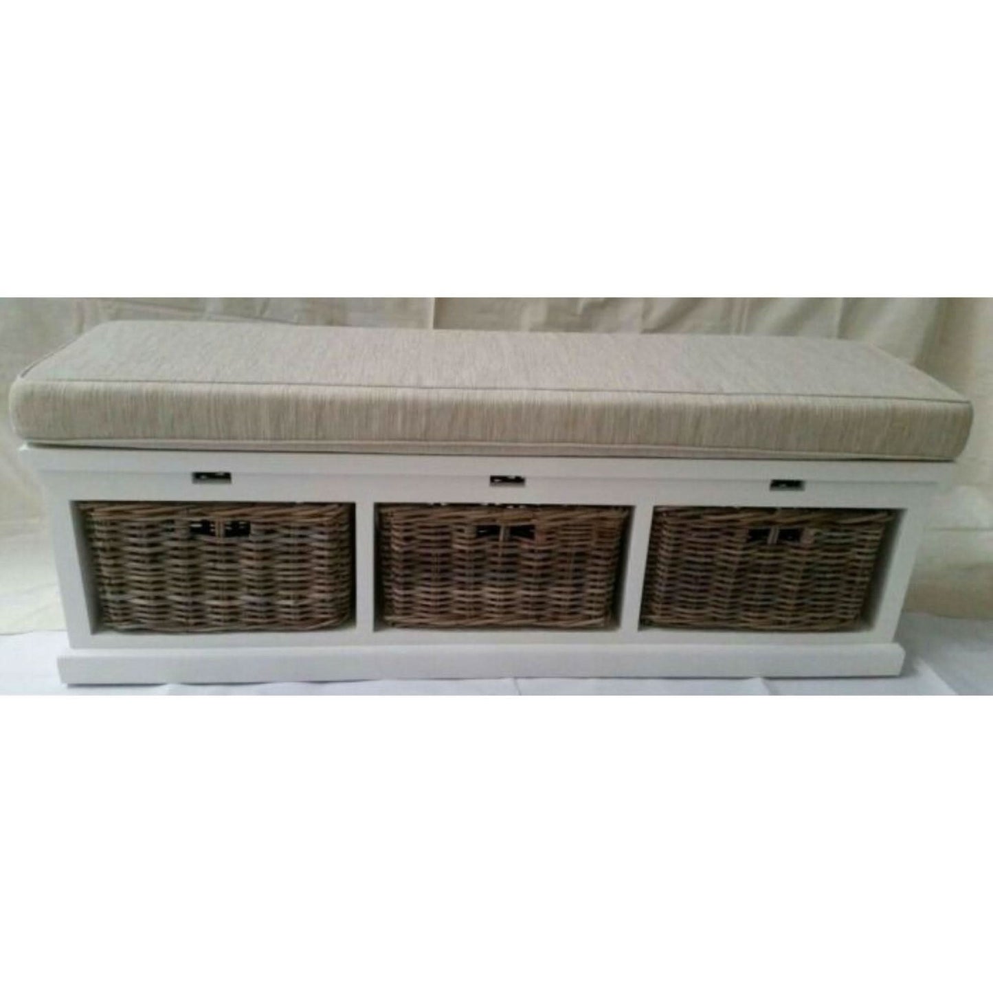 NICE SOLID MAHOGANY BENCH WITH 3 WICKER BASKETS & CUSHION - MyChocolateWood