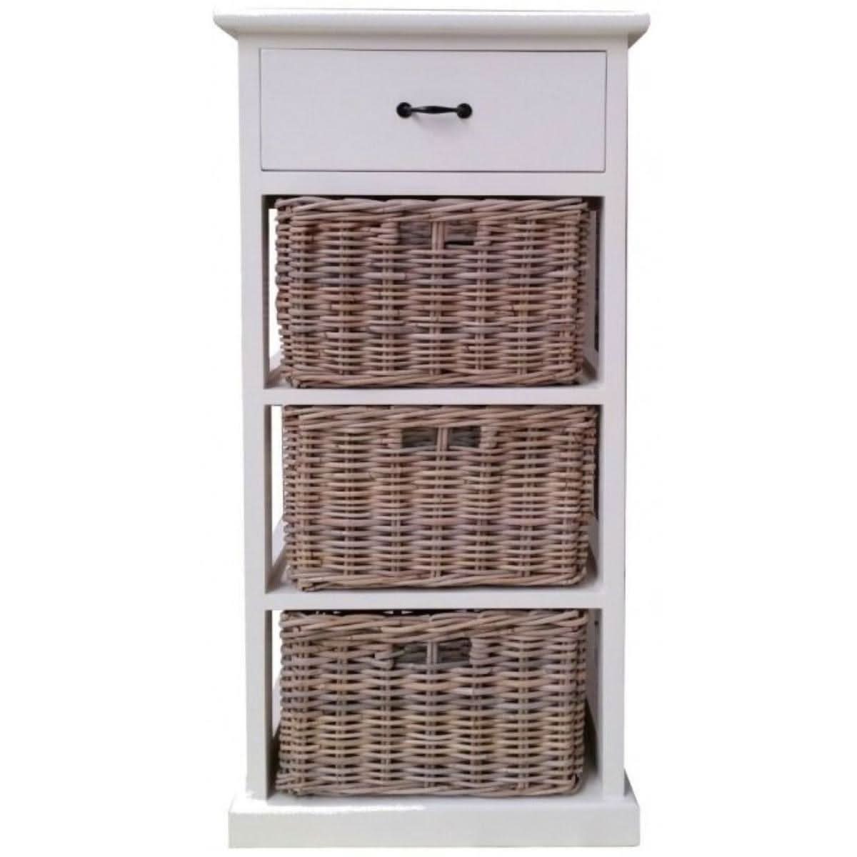 NICE SOLID MAHOGANY NARROW TALLBOY WITH 3 WICKER BASKETS & 1 TIMBER DRAWER - MyChocolateWood