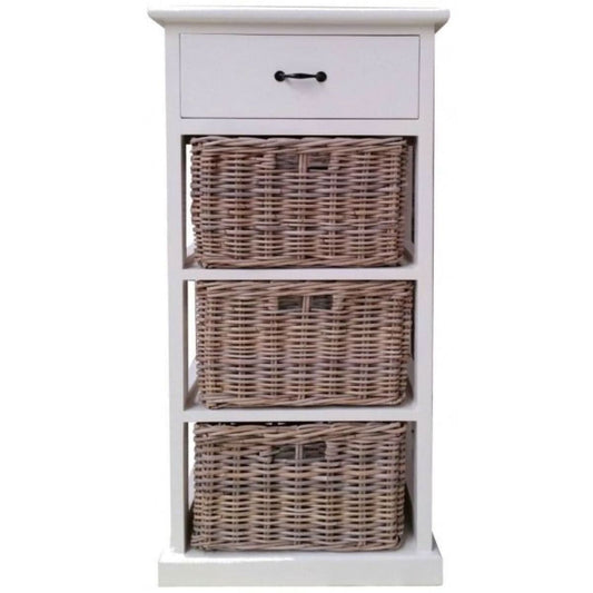 NICE SOLID MAHOGANY NARROW TALLBOY WITH 3 WICKER BASKETS & 1 TIMBER DRAWER - MyChocolateWood