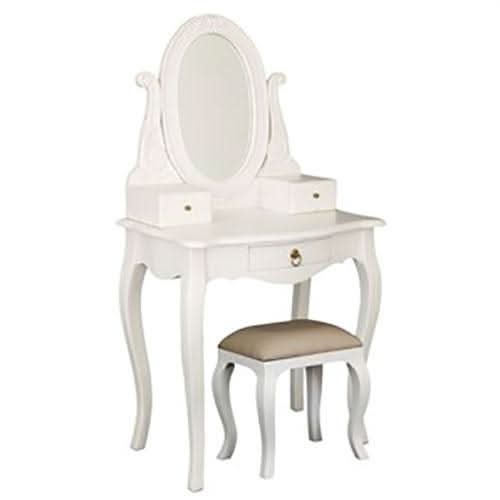 QUEEN ANN OVAL 1 DRAWER DRESSER WITH MIRROR IN SOLID WHITE MAHOGANY WITH STOOL - MyChocolateWood