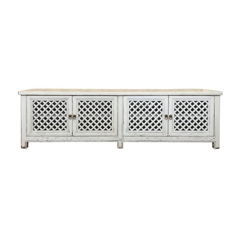 RAFAEL RECYCLED ELM TV UNIT IN DISTRESSED WHITE 4 LATTICE DOORS WITH A RUBBED BACK FINISH - MyChocolateWood
