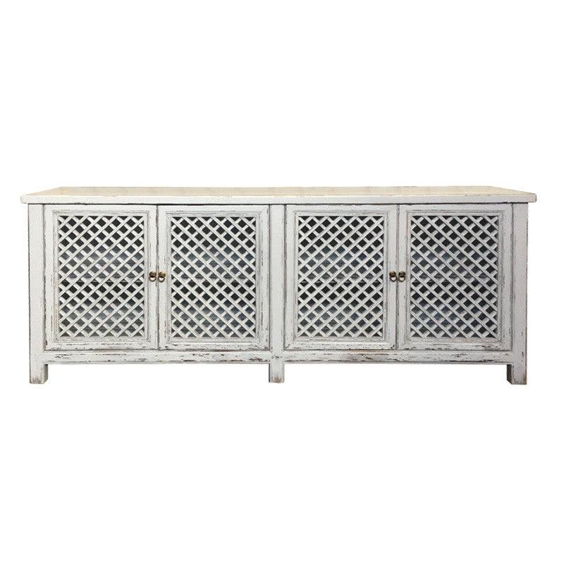 RAFAEL WHITE RECYCLED ELM BUFFET WITH A RUBBED BACK FINISH & 4 LATTICE DOORS - MyChocolateWood