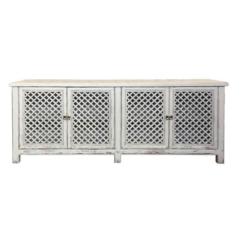 RAFAEL WHITE RECYCLED ELM BUFFET WITH A RUBBED BACK FINISH & 4 LATTICE DOORS - MyChocolateWood